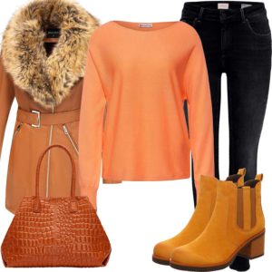 Oranges Damenoutfit mit Pullover, Jacke und Stiefeln