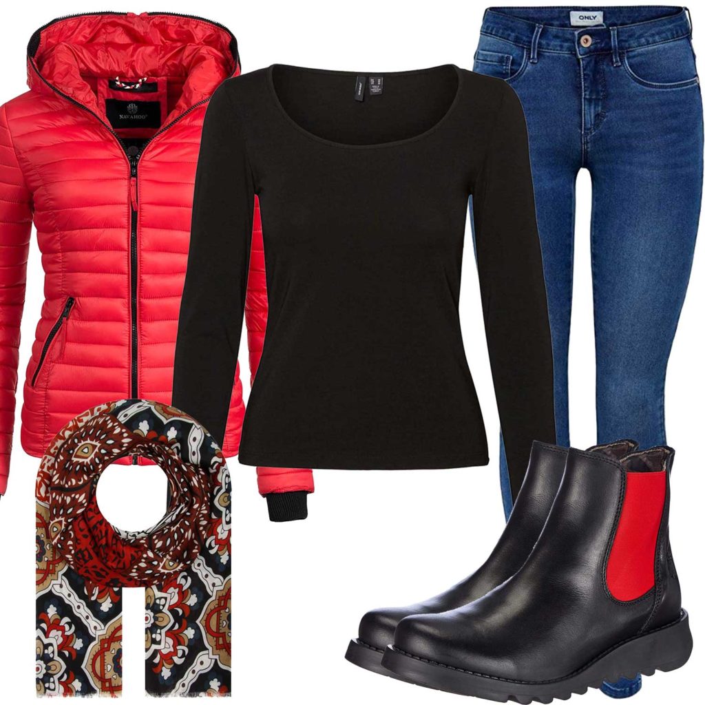 Schwarz-Rotes Damenoutfit mit Steppjacke und Schal