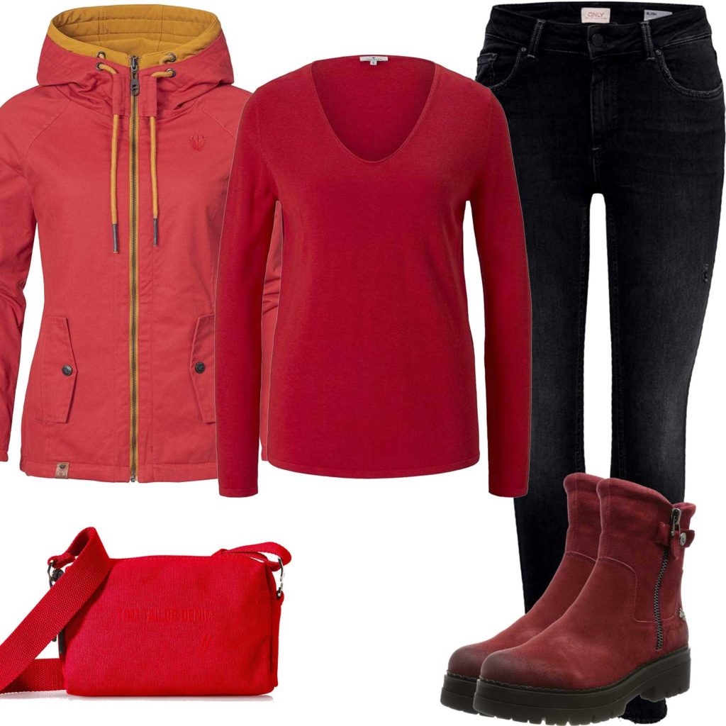 Rotes Damenoutfit mit Jacke, Tasche und Boots
