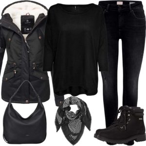 Schwarzes Damen-Winteroutfit mit warmer Jacke
