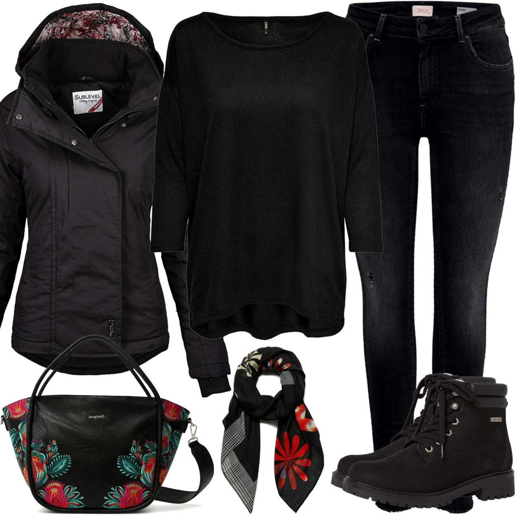Schwarzes Damenoutfit mit Jacke, Pullover und Jeans