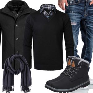 Winter-Herrenoutfit mit schwarzem Mantel und Schal