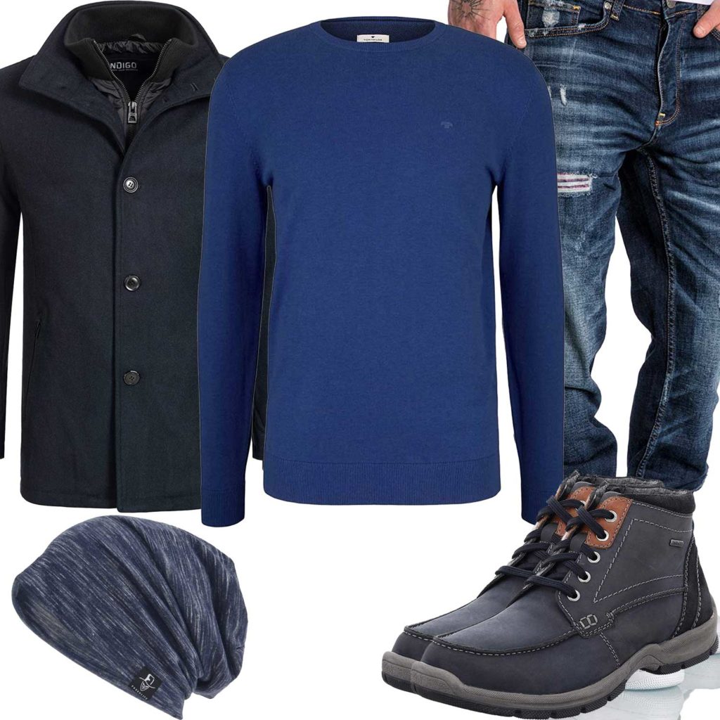 Blaues Herrenoutfit mit Pullover, Mantel und Jeans