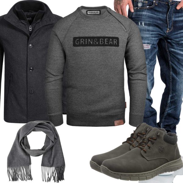 Winter-Herrenoutfit mit dunkelgrauem Pullover und Schal