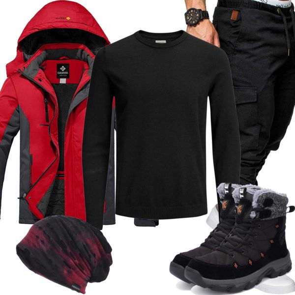 Schwarzes Herbst-Herrenoutfit mit roter Jacke