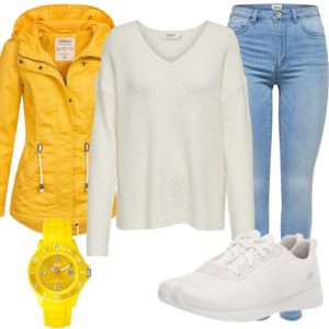 Gelb-Weißes Damenoutfit mit Jacke, Uhr und Sneakern