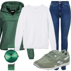 Grünes Damenoutfit mit Jacke, Sneakern und Uhr