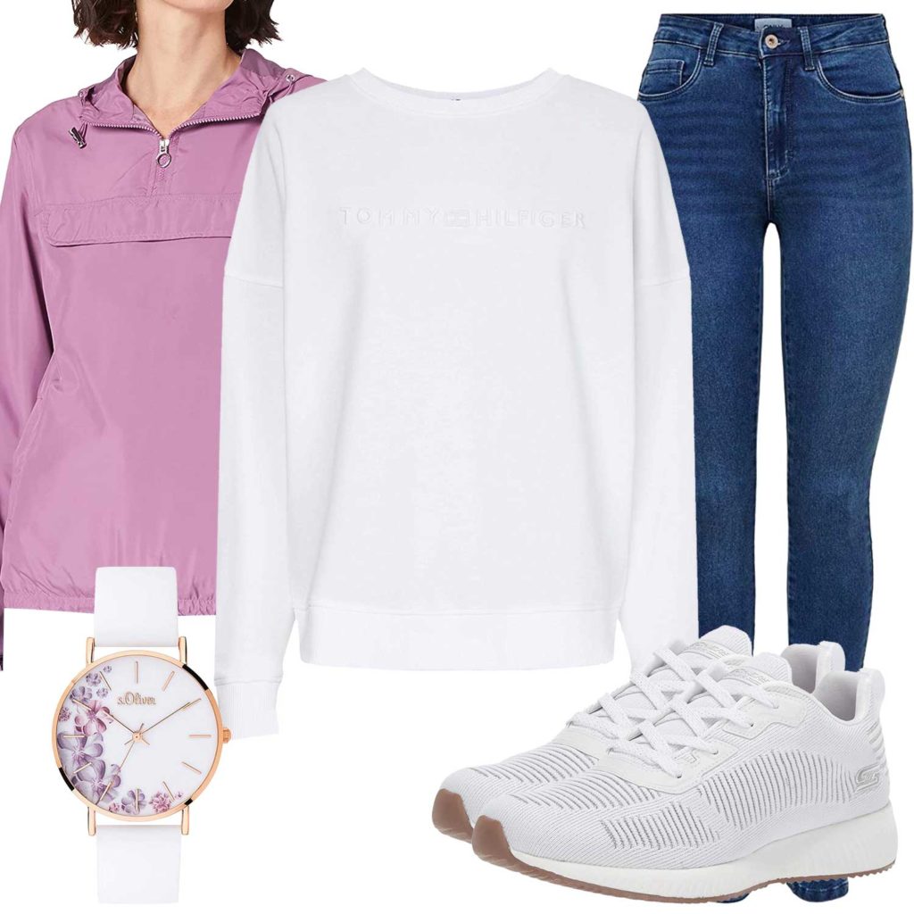 Damenoutfit mit weißem Pullover, Sneakern und Armbanduhr