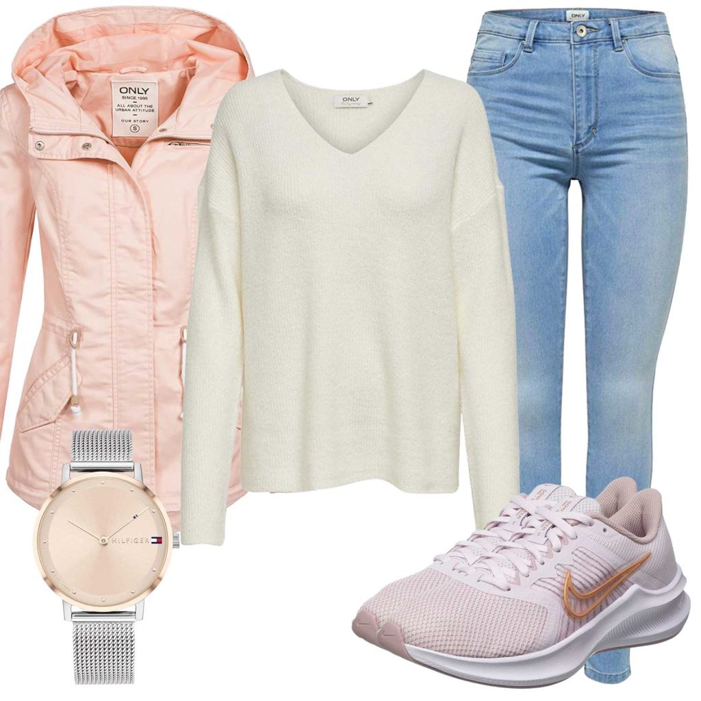 Damen-Style mit rose Jacke, Sneakern und Armbanduhr