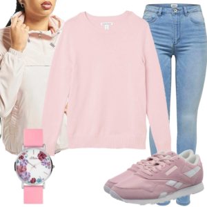 Rosa Damenoutfit mit Pullover, Sneakern und Jacke