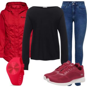 Herbst-Damenoutfit mit roter Jacke und Armbanduhr