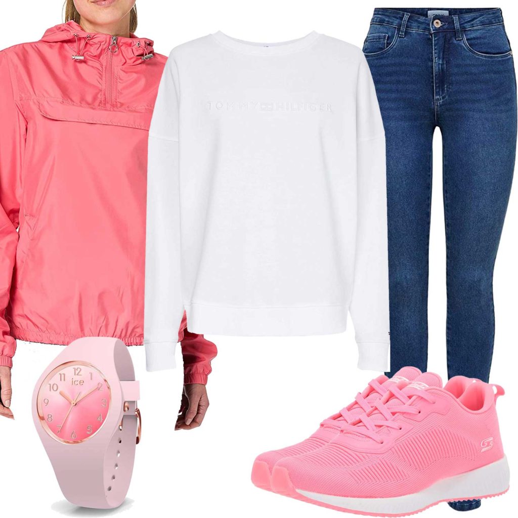 Pinkes Damenoutfit mit Jacke, Sneakern und Uhr