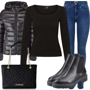Damenoutfit mit schwarzer Steppjacke, Stiefeln und Tasche