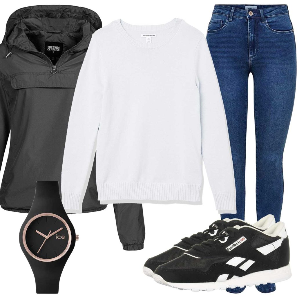 Damenoutfit mit schwarzer Jacke, Sneakern und Uhr