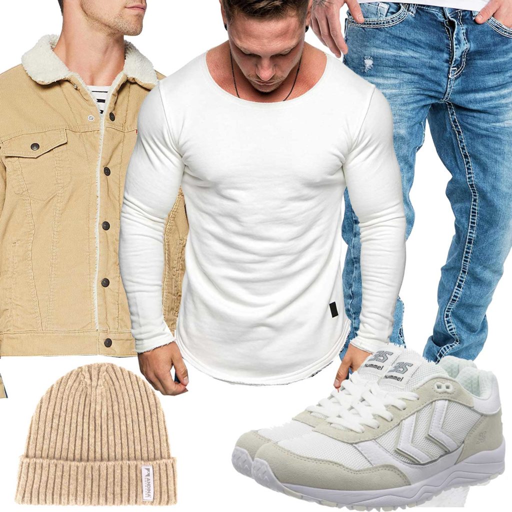 Beige-Weißes Herrenoutfit mit Jeansjacke und Mütze