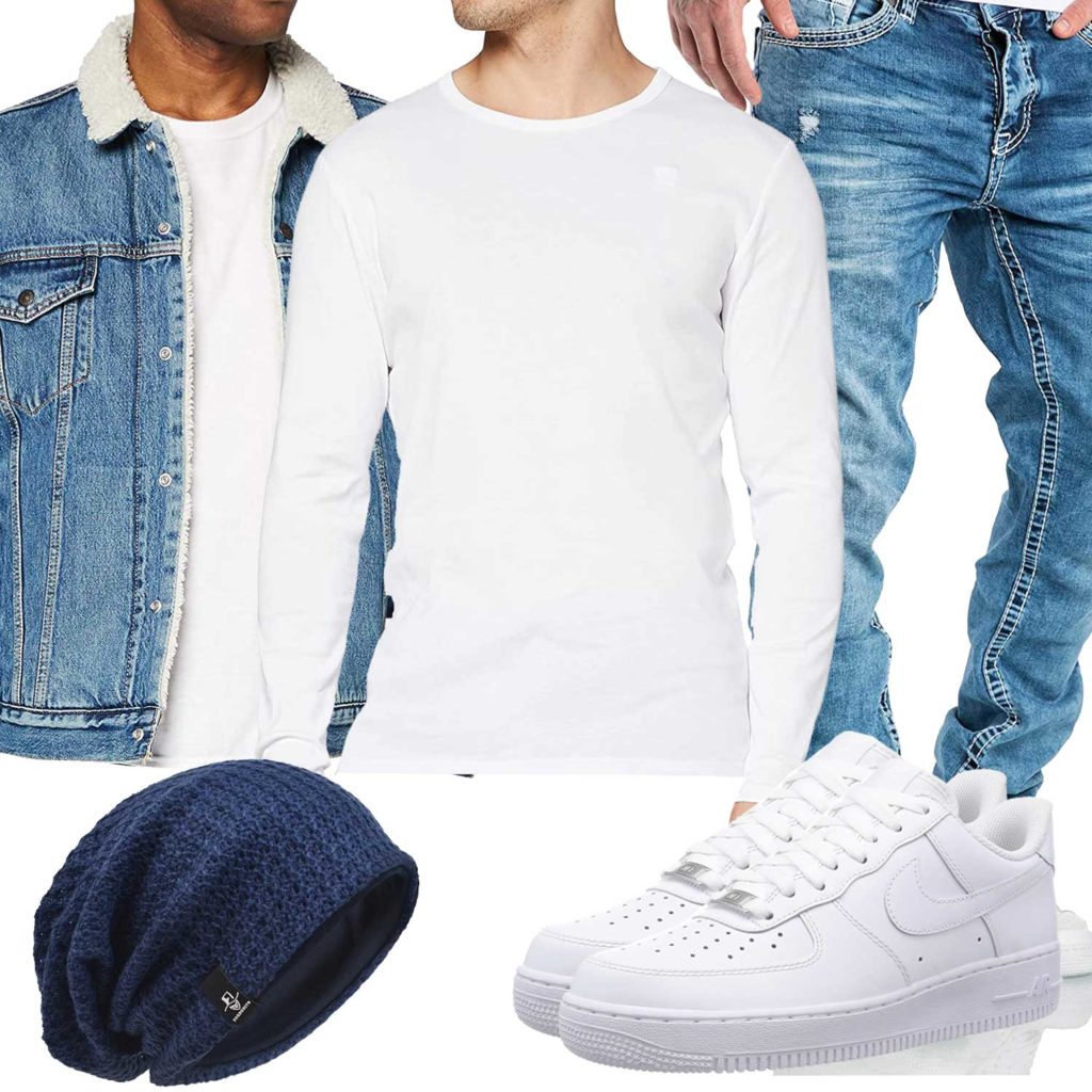 Blau-Weißes Herrenoutfit mit Jeans und Jeansjacke