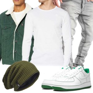 Grün-Weißes Herrenoutfit mit Jeansjacke und Mütze