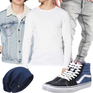 Herren-Style mit Jeansjacke, Mütze und Sneakern